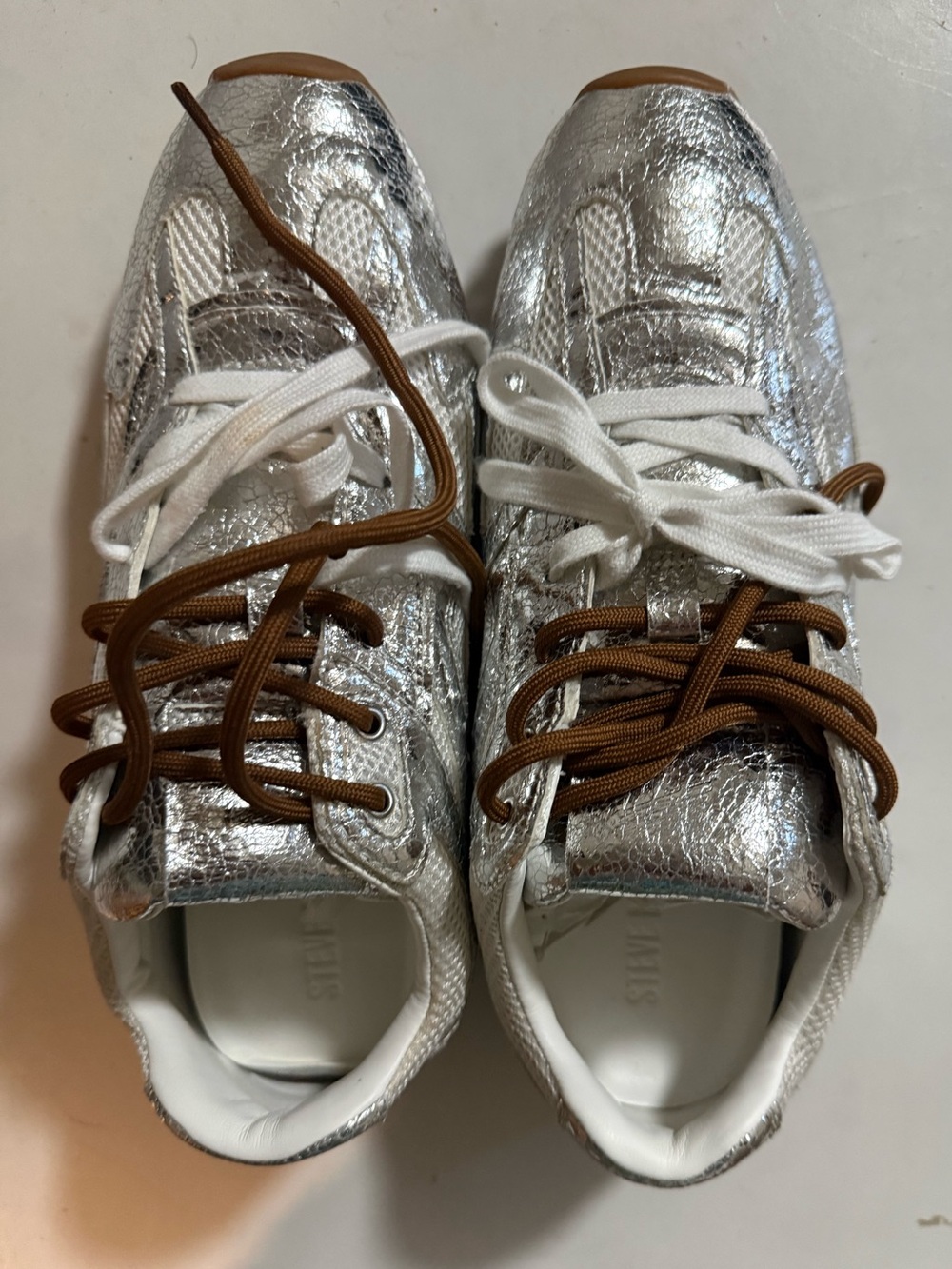 Steve Madden Women’s AZIEL SILVER Sneakers with Brown and White Laces